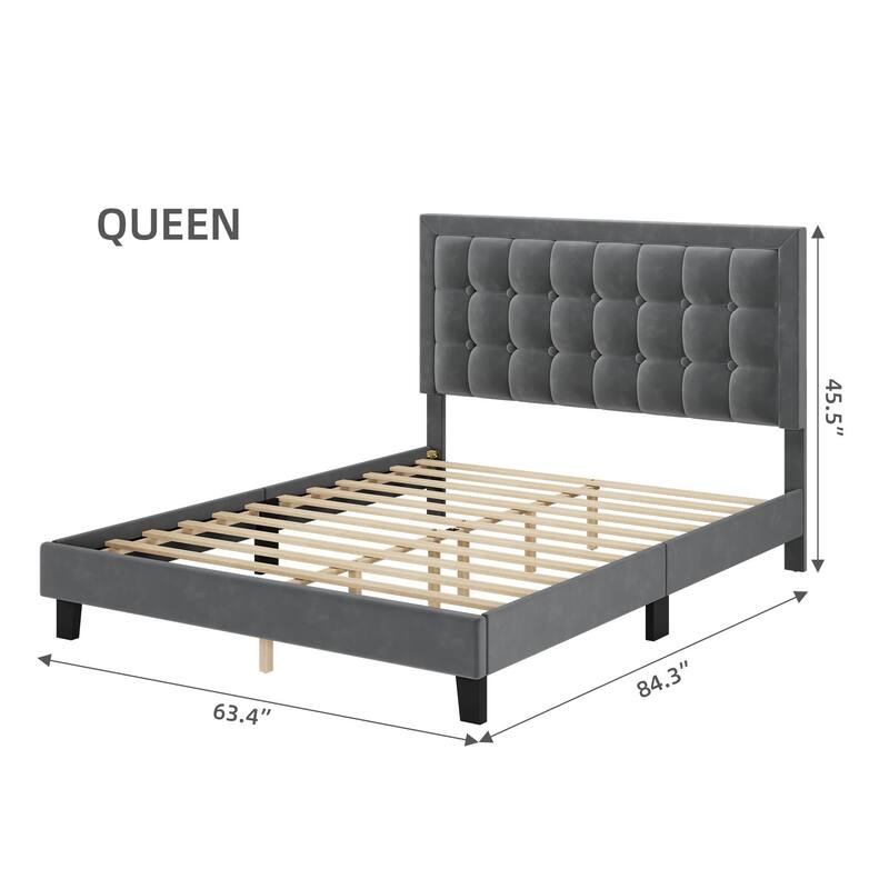 Button Tufted Velvet Platform Bed with Adjustable Headboard