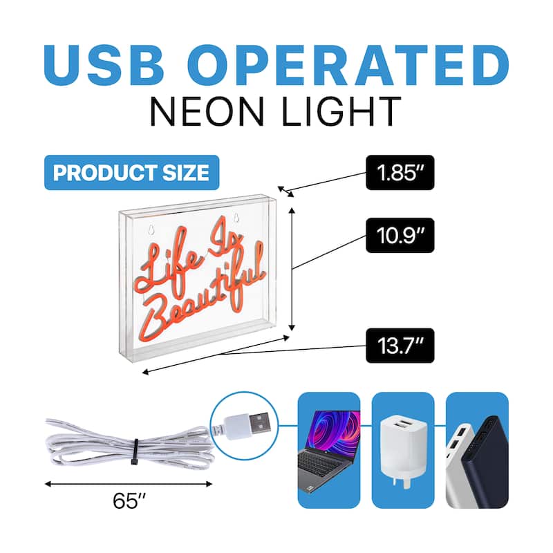Life is Beautiful 13.7" X 10.9" Contemporary Glam Acrylic Box USB Operated LED Neon Light, Orange by JONATHAN Y - 13.7" X 10.9"