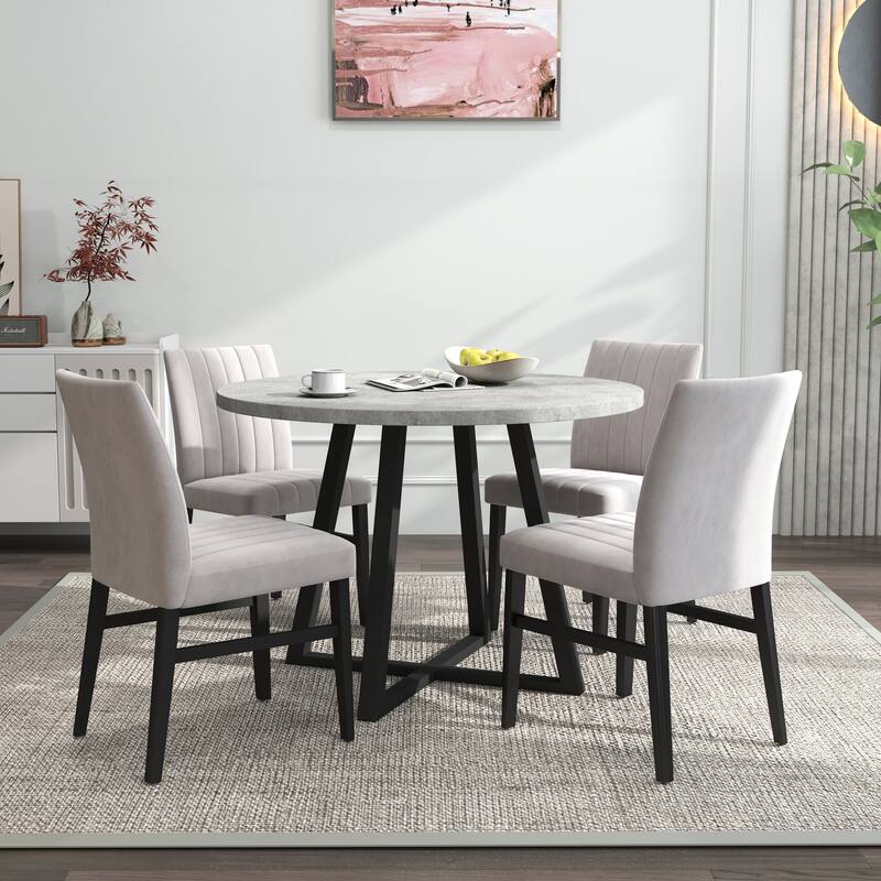 Roundhill Furniture Edo 5-Piece Dining Set, Round Table with 4 Upholstered Chairs,