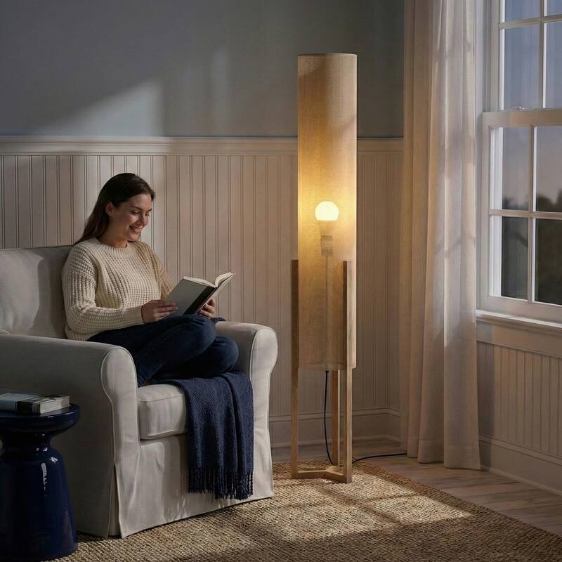 Kelly Modern Natural Wood Floor Lamp with Faux Linen Shade