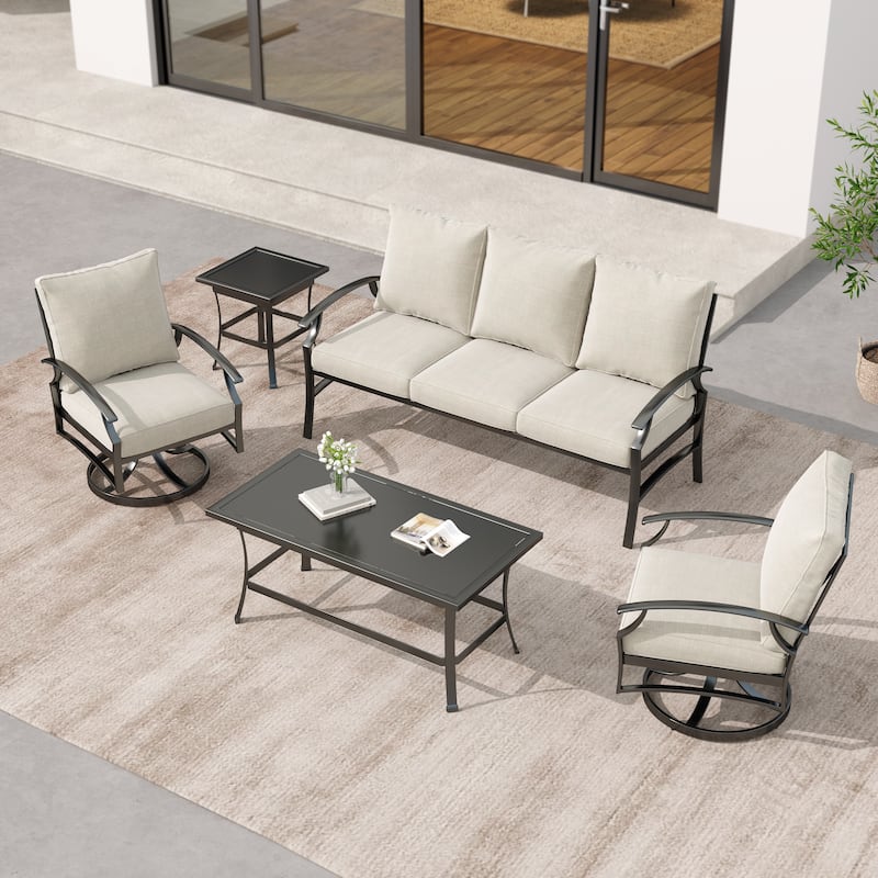 5-Piece Outdoor Patio Metal 74" W Sofa/ Swivel Chair Seating Group