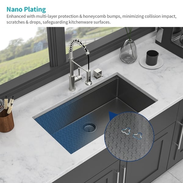 Tatayosi 33inch Undermount Waterfall Gunmetal Black Kitchen Sink Single Bowl 16 Gauge Stainless Steel Ledge Workstation With Pull Down Faucet