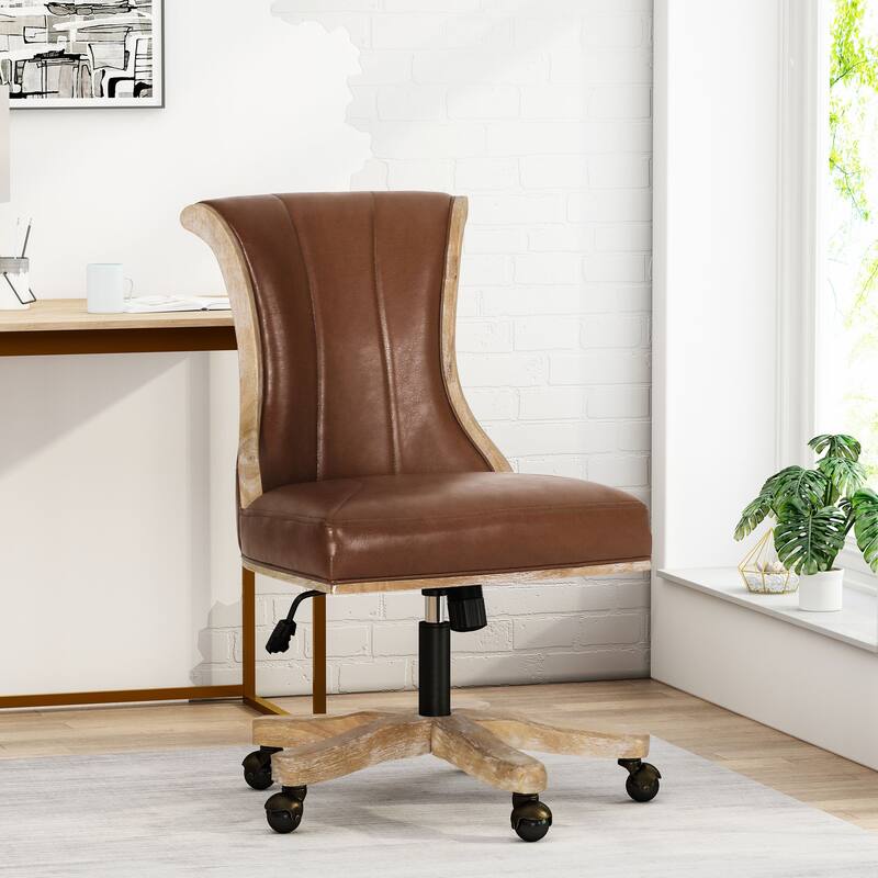 Roomfitters Upholstered Swivel Office Desk Chair with Adjustable Height and Wood Frame