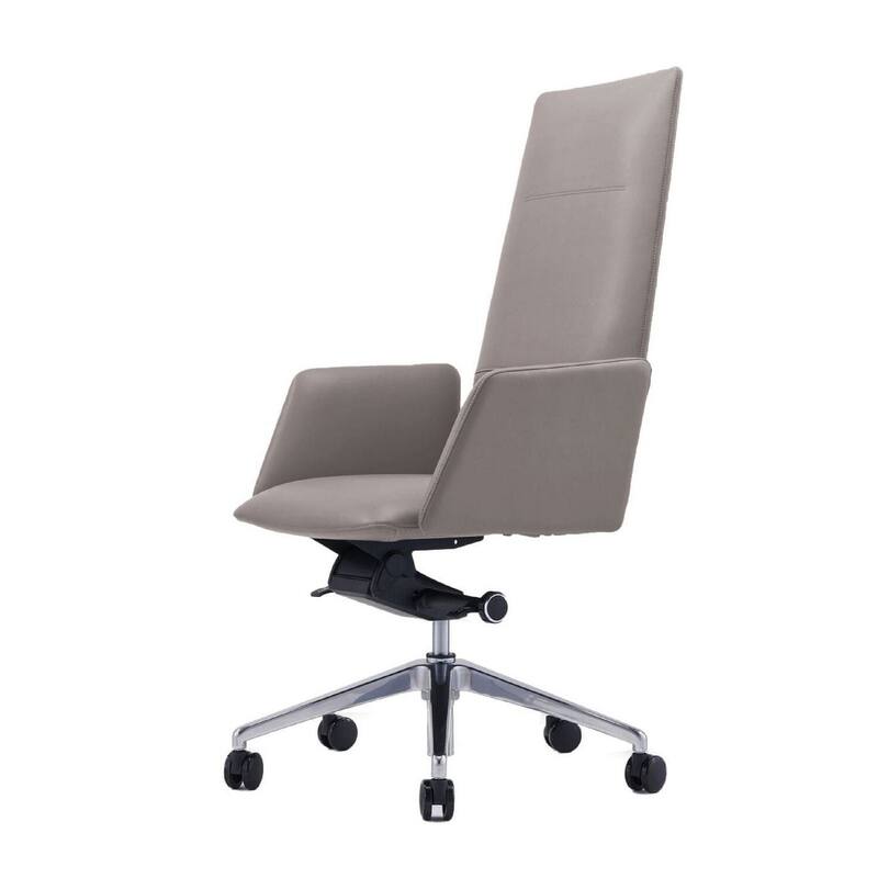 Modern Grey Faux Leather Office Chair with Tall Stitched Back, Chrome Frame, Knee Tilt and Swivel Base