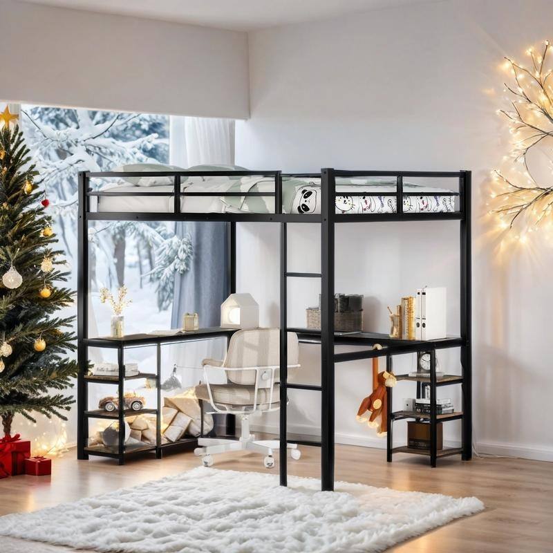 Industrial Modern Full Metal Loft Bed with Desk and Shelves, Ladder and Guardrails, Sturdy & Secure, Frame for Bedroom, Black