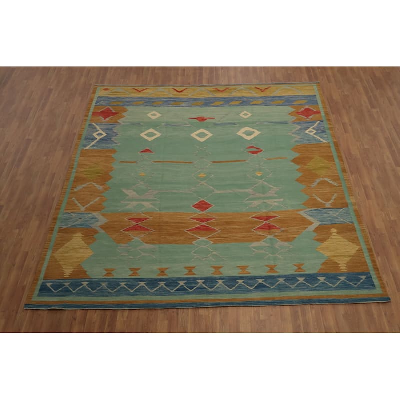 Hand Woven Oriental 100% Wool Carpet Southwestern Tribal Green Kilim Area Rug - 10' 4'' X 10' 0''