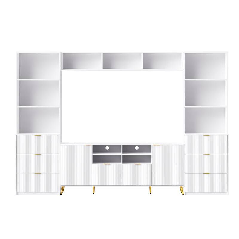 Multifunctional 4-Piece TV Wall Unit with 13 Shelves, 8 Drawers, & 2 Cabinets, Fluted Line Design, for Living Room