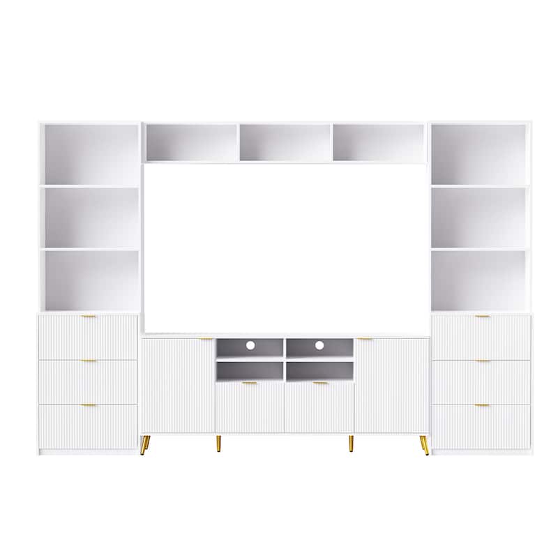 White 112.5" Entertainment Wall Unit with 13 Shelves, 8 Drawers and 2 Cabinets for TVs Up to 70"