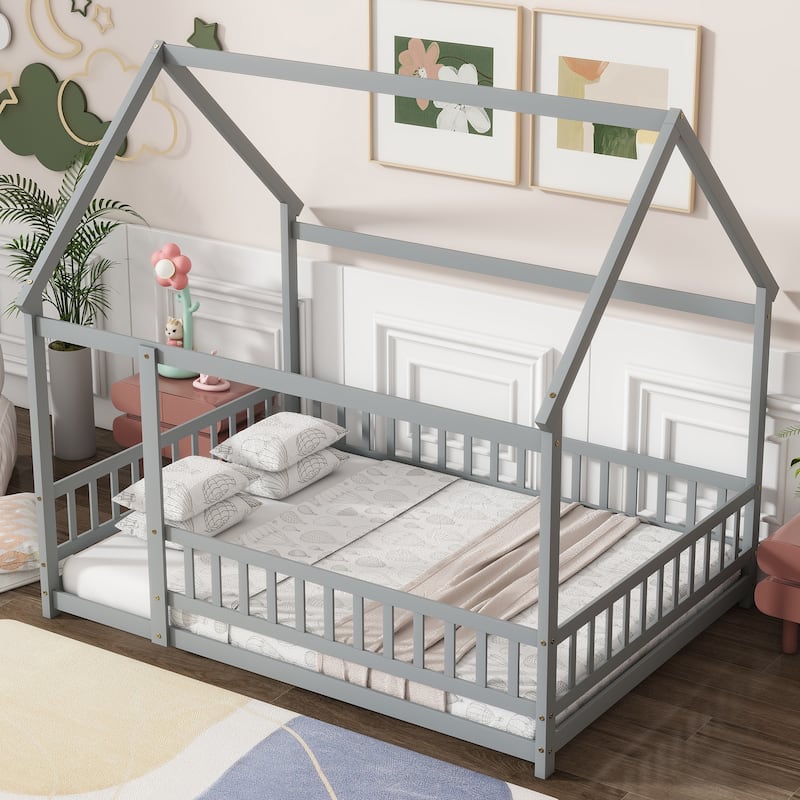 Wood Toddler House Bed with Roof Frame and Safety Guardrails Montessori Floor Bed without Slats No Door Houseshaped Platform Bed