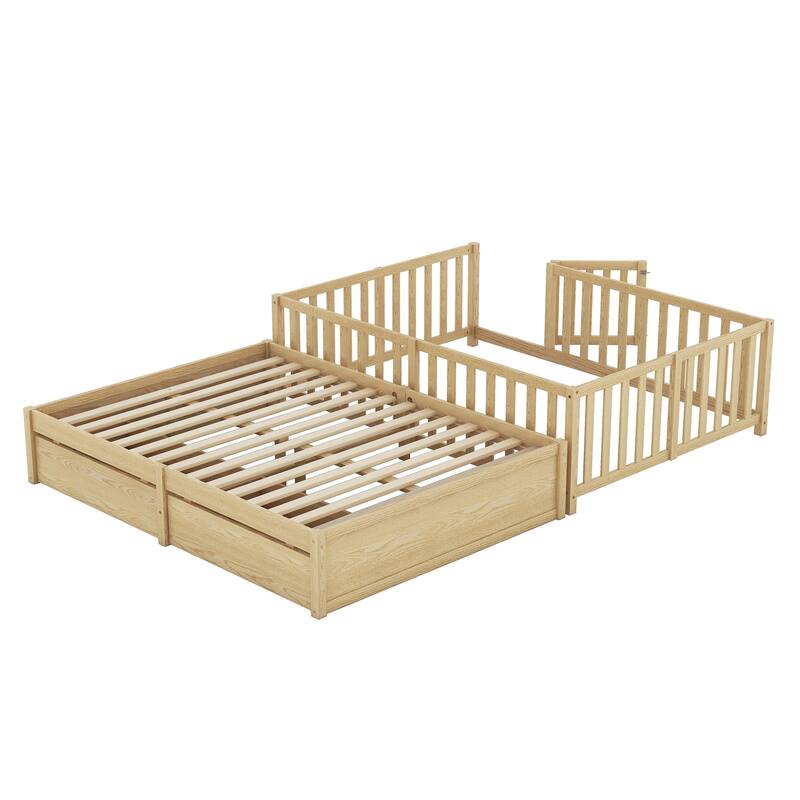 Full Size Wood Daybed with Fence Guardrails and 2 Drawers