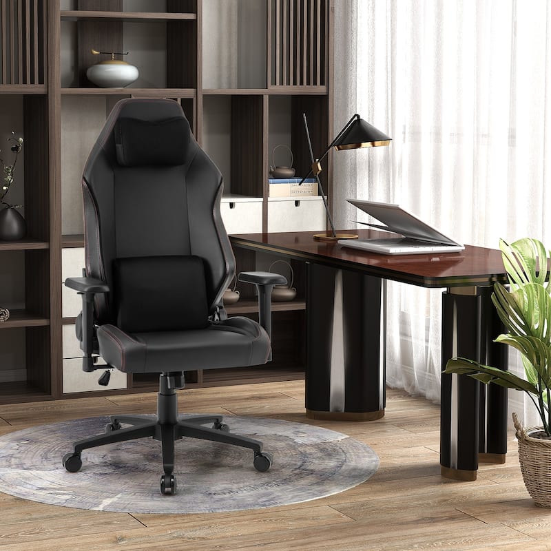 Black PVC Leather Gaming Chair with Recline, Rocking, Adjustable Armrests and Headrest - 28.5" x 27" x 49"-52" (L x W x H)