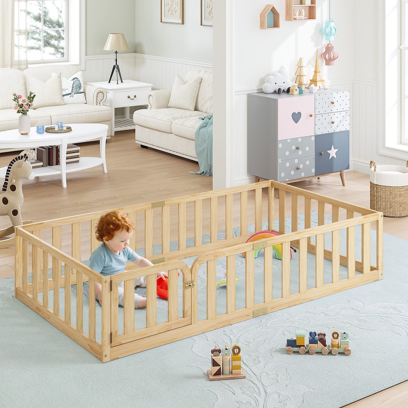 COSTARS Toddler Floor Bed with Rails for Kids, Montessori Wooden Twin Bed Frame with Door, Low to Ground