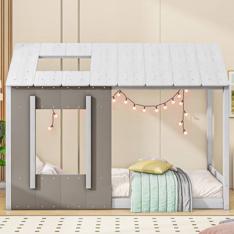 Twin Size House Platform Bed with Roof and Window, Sturdy Wood Frame
