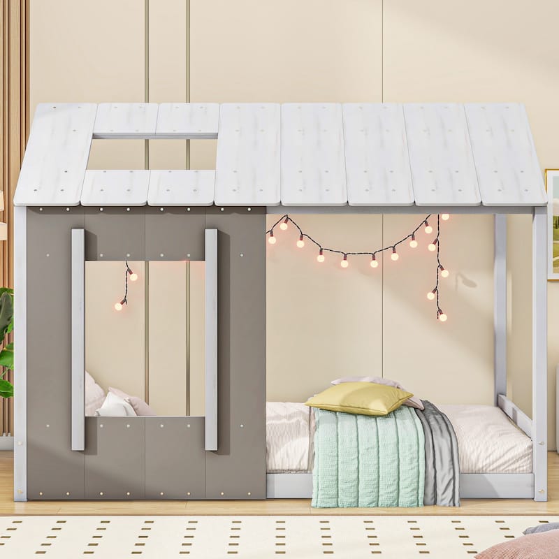 Twin Size House Platform Bed with Roof and Window, White and Antique Grey