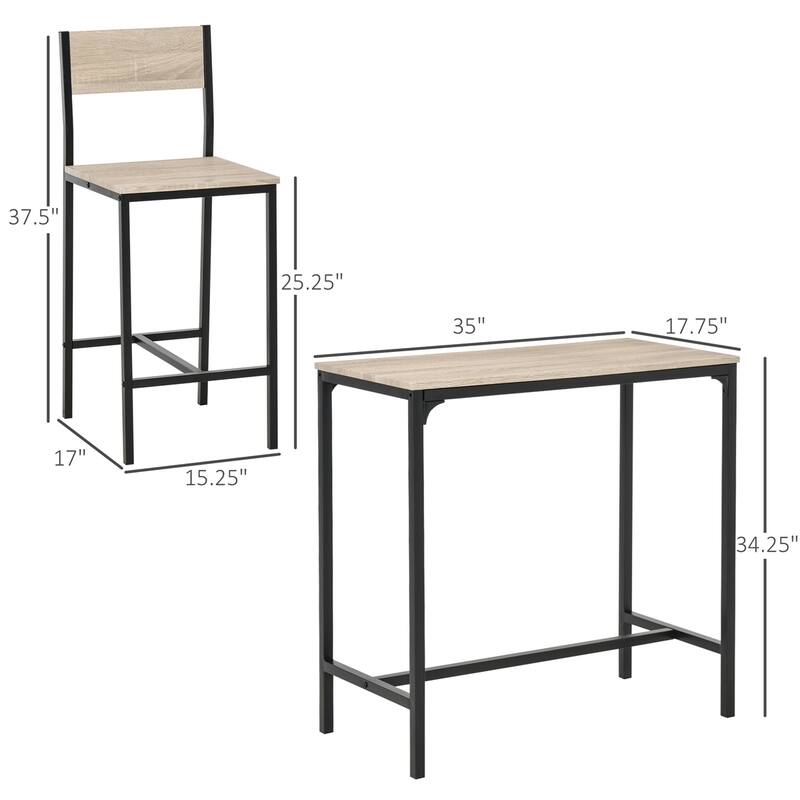 3 Piece Bar Table and Chairs, Dining Table Set for 2 with Bar Stools