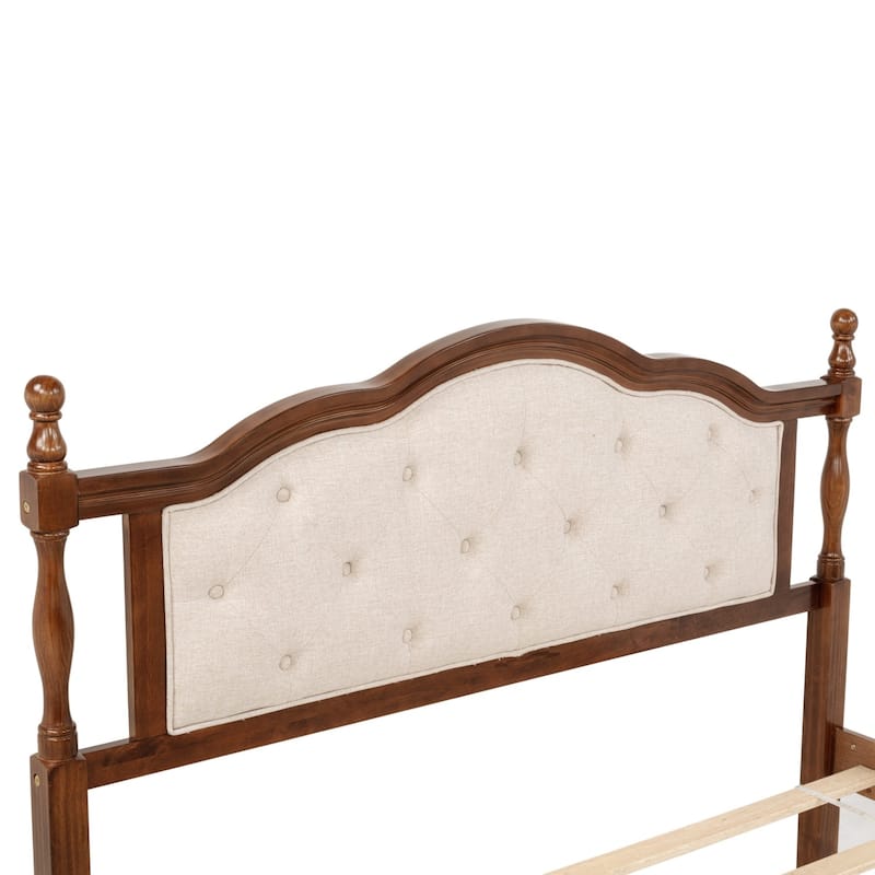 Pine Wooden Platform Bed with Upholstered Headboard and Panel Footboard,Queen Size