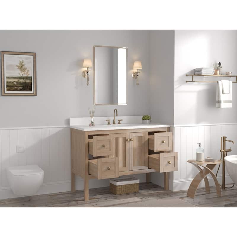 48 Inch Modern Light Oak Single Sink Bathroom Vanity With White Quartz Top