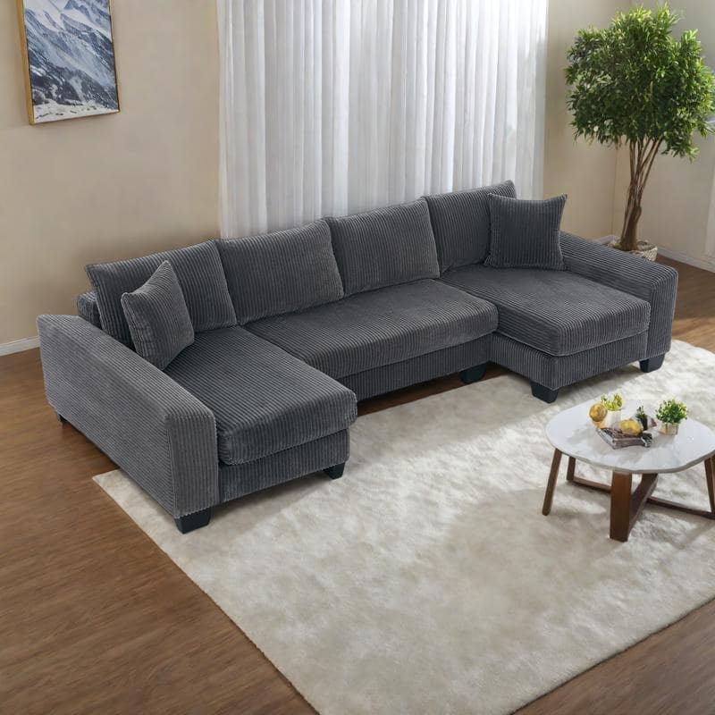 114" Corduroy U-Shaped Sleeper Sofa with Pull-Out Bed, 4 Back Cushions and 2 Throw Pillows
