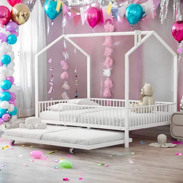 slide 2 of 28, 2 Color Full Size House-Shaped Design Platform Bed with Fence and Twin Size Trundle White