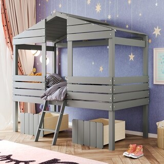 Twin Size Sturdy Pine Wood Frame Low Loft Wood House Bed with Two ...