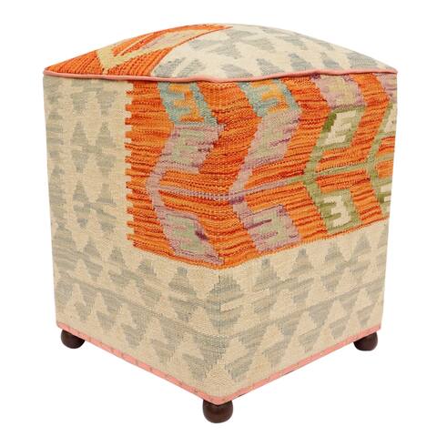 Art Deco Castaned Handmade Kilim Upholstered Ottoman