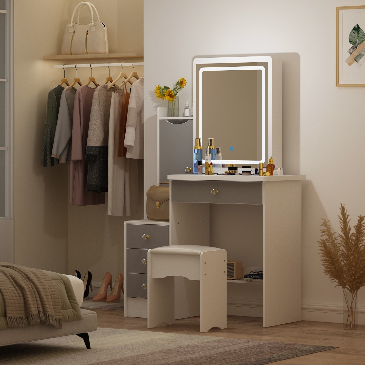 HOMELAVY Makeup Vanity Set with Sliding Lighted Mirror Dressing Table Dressers - 33"L x 15.7"W x 52.4"H