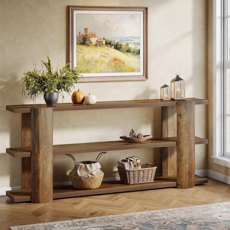 70.87" Wooden 3-Tier Long Console Table for Living Room, Hallway Foyer, Entryway. Farmhouse Sofa Table Behind Couch