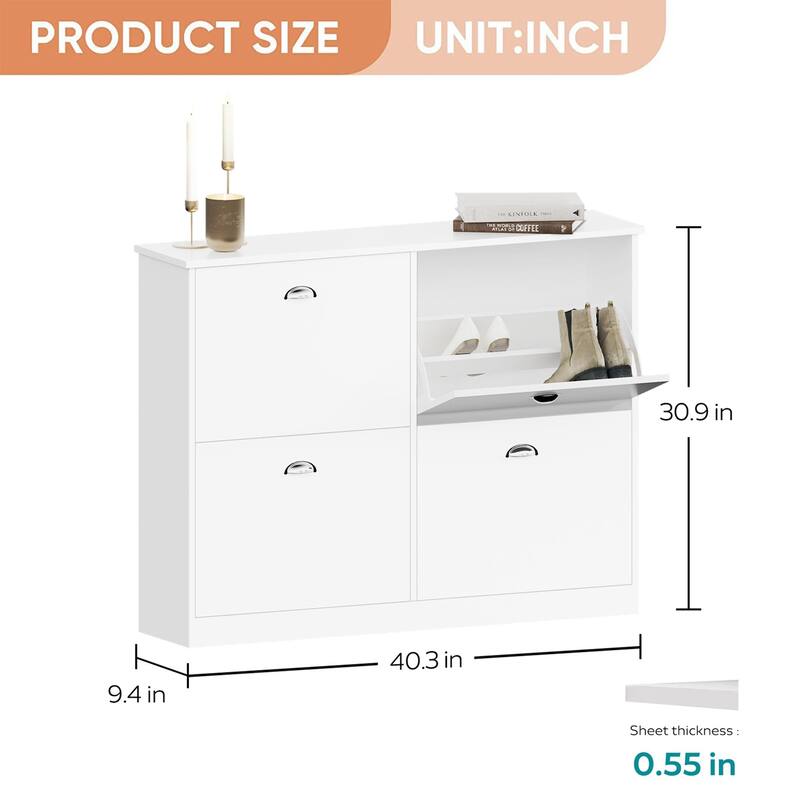 24 Pair Shoe Storage Cabinet w/4 Flip-top Drawers and Adjustable Shelves - 4-Tier