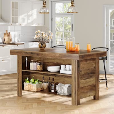 55" Kitchen Island with Storage, Stationary Island Table Bar Table