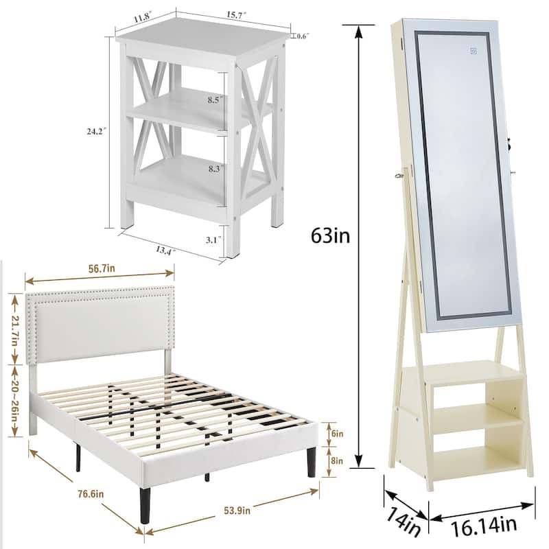 VECELO White 4 Piece Bedroom Set Upholstered Height-Adjustable Bed Nightstand Standing Jewelry Cabinet