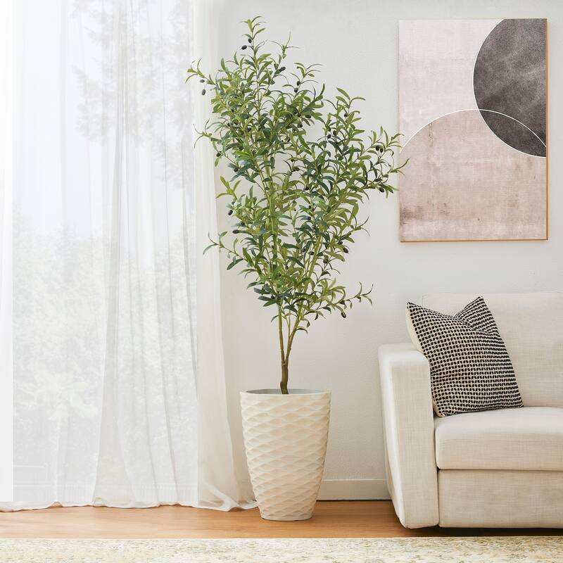 Glitzhome 3ft-6ft Set of 2 Artificial Olive Trees/ Bamboo/ Ficus with Ceramic Planters Real Touch