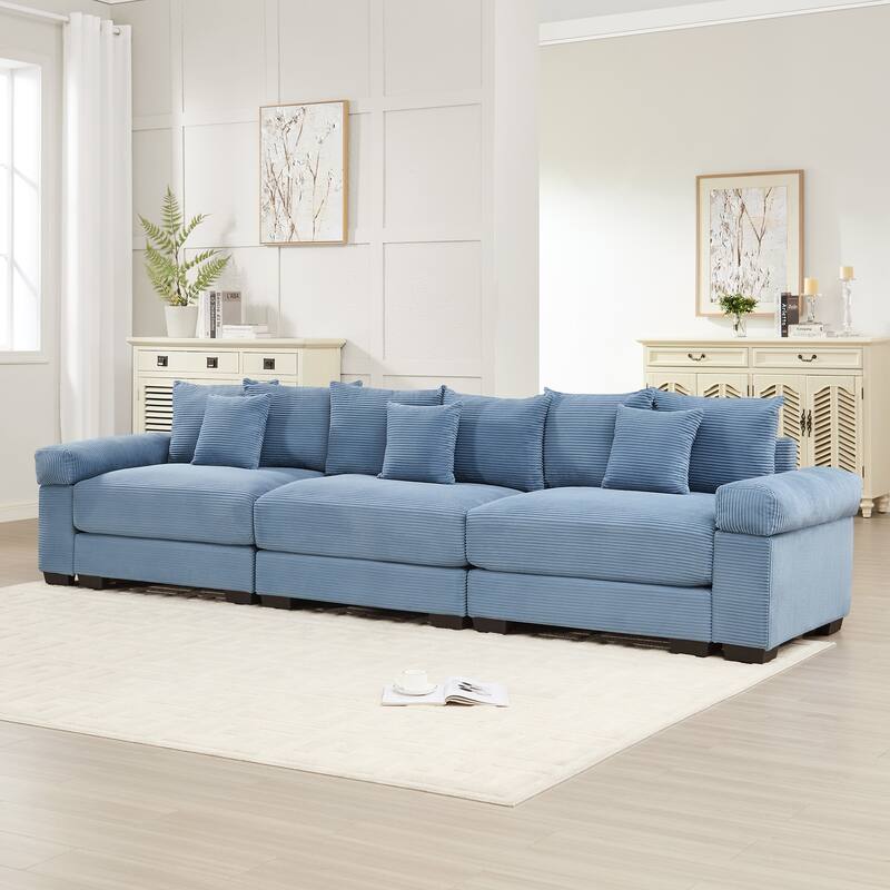 Roomfitters 130 Inch Modular Sectional Couch, Oversized Corduroy 3-Seater with Deep Seats, Blue - Blue 130"