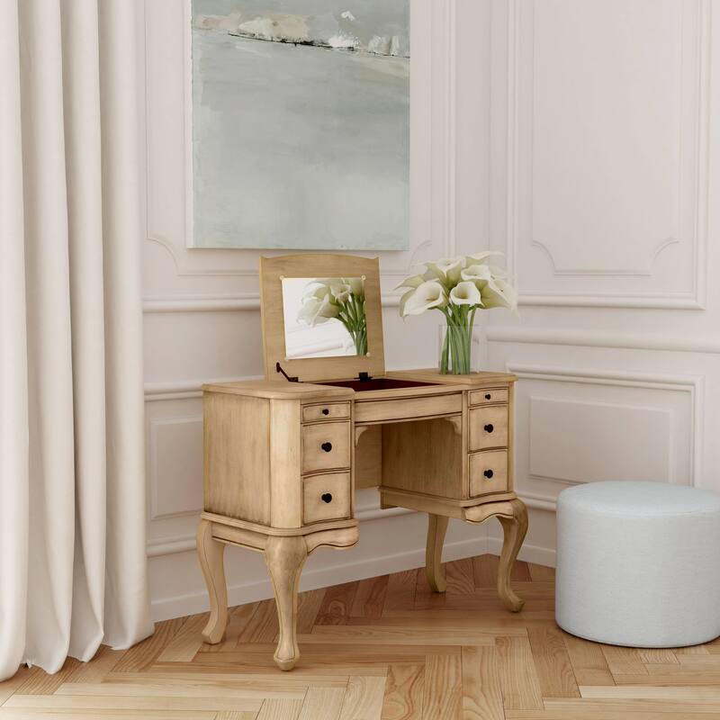 Charlotte 40 in. W Rectangular Wood Vanity/Valet Desk with Storage Drawers and Mirror - Antique Beige