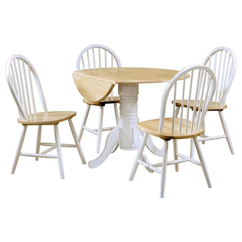 Giva Round Dining Table and 4 Chairs Set, Drop-Leaf, White and Brown