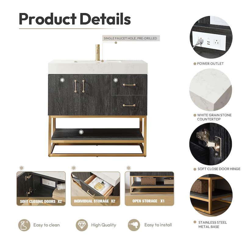 Alistair Bath Vanity with Grain White Stone Top without Mirror