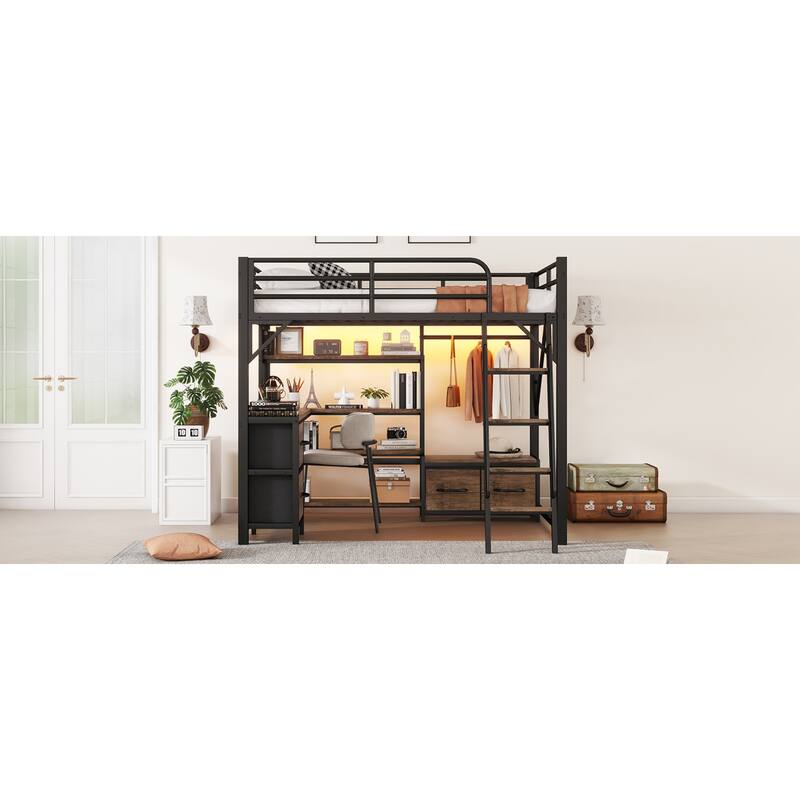 Roomfitters Full Loft Platform Bed, LED Charging Desk and Wardrobe Shelves with Metal Frame for Bedroom or Guest Room, Black