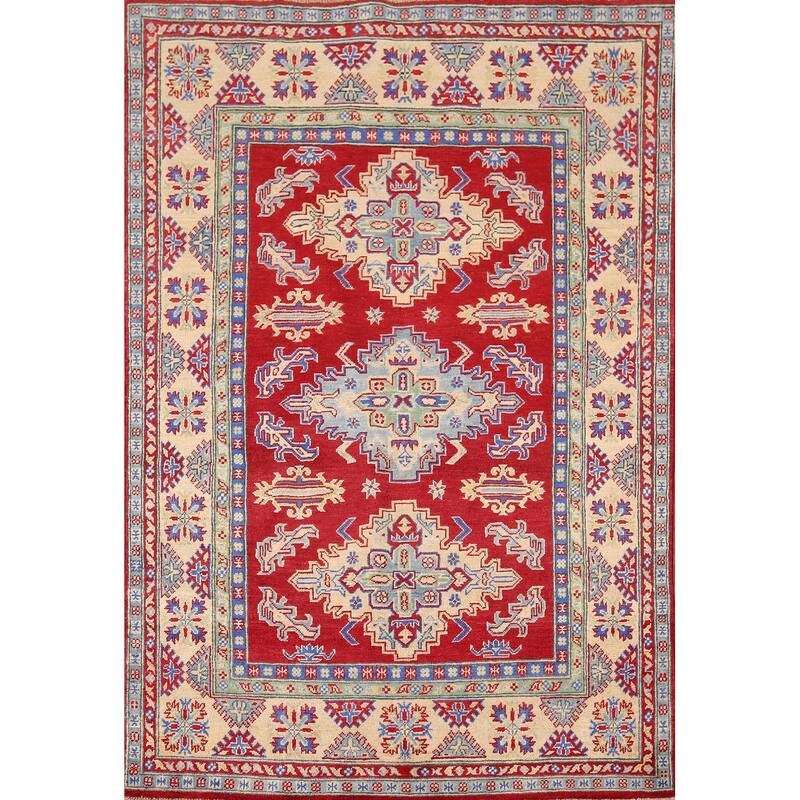 Geometric Red Kazak Rug Handmade Oriental Wool Carpet - 5'1" x 6'9"