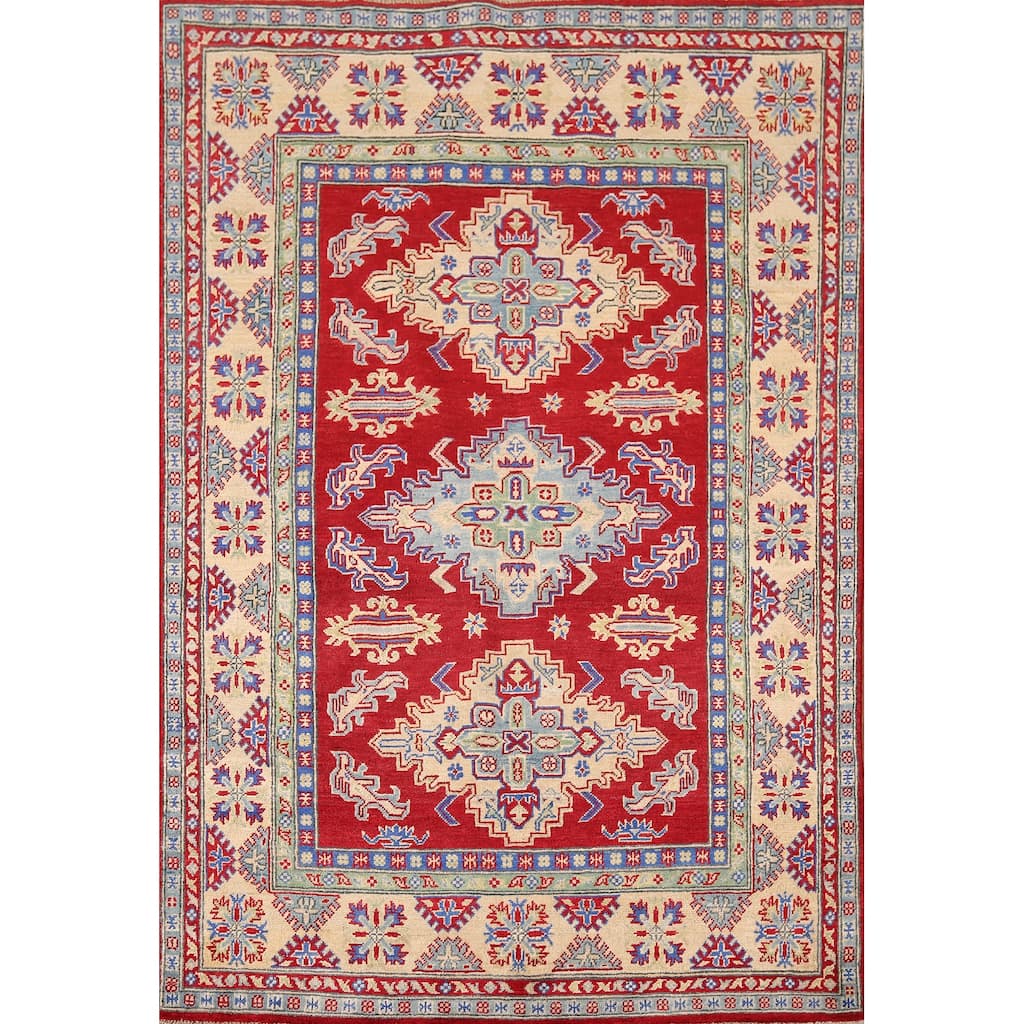 Geometric Red Kazak Rug Handmade Oriental Wool Carpet - 5'1" x 6'9"