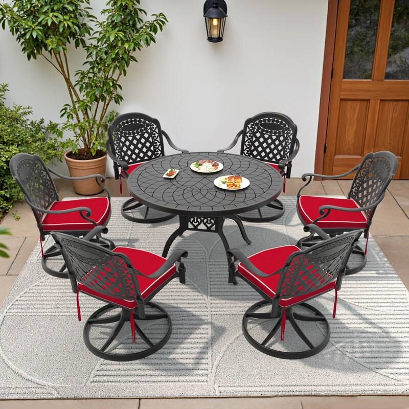 7-Piece Aluminum Round Outdoor Patio Dining Set, 6 Cushioned Swivel Chairs, Table, All-Weather Frames