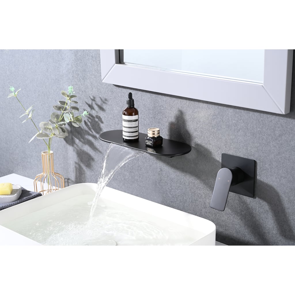 Modern Single Handle Wall Mounted Waterfall Bathroom Sink Faucet with Rough Valve and High Flow Filler, Splash Proof