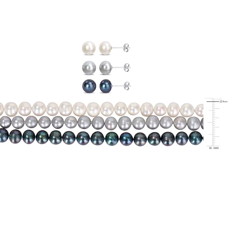 Miadora 7 Pc Set Multicolor 7.5-8mm FW Pearls 3-Strand Necklace, 3x7" Stretch Bracelets, 3 Pairs Earrings Sterling Silver