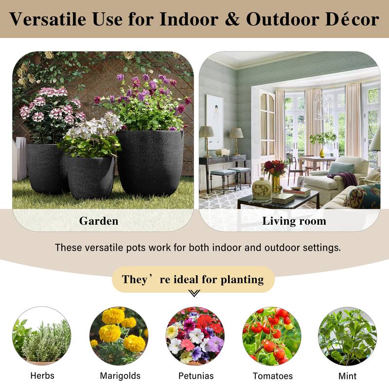 Lightweight Matte Textured MGO Flower Pot Set of 3,Round Concrete Stackable Planter with Drainage Holes and Rubber Plug