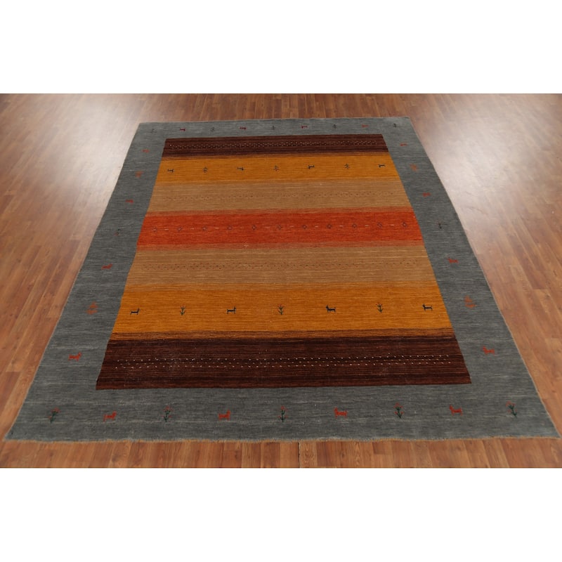 Little Animals Striped Gabbeh Oriental Area Rug Handmade Wool Carpet - 8'1"x 9'8"