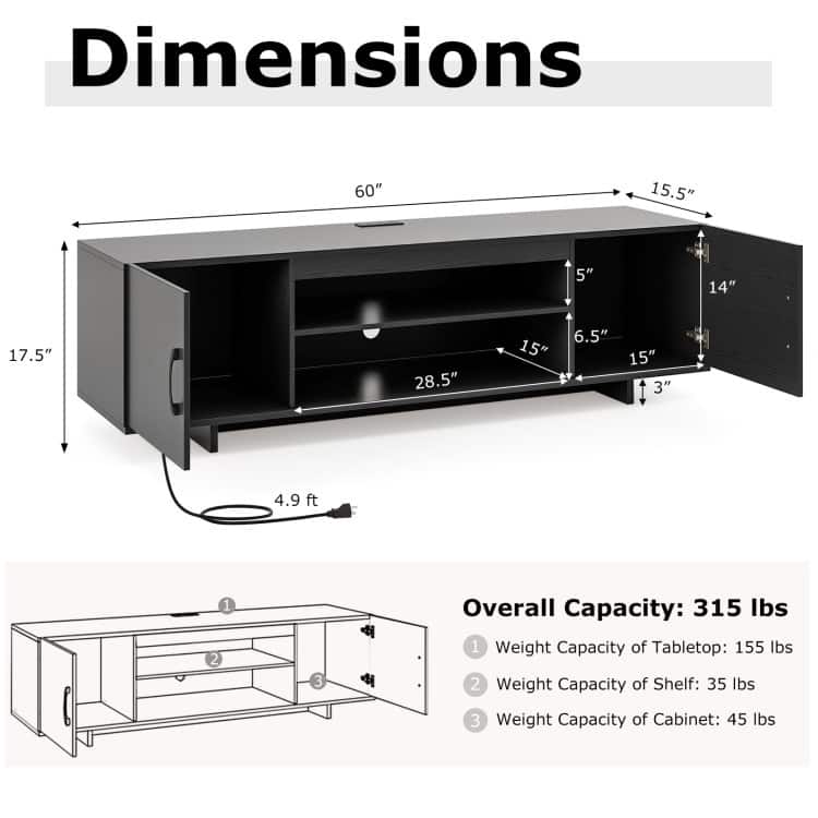 Modern TV Stand with USB Ports and Cable Holes for 65 Inch TVs - 60" x 15.5" x 17.5"