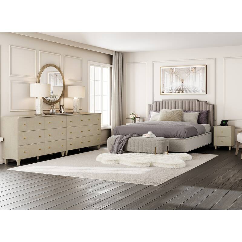 Bedroom 12-Drawer Dresser and Charging Nightstand Set, 94.4" Wide - Beige - 2 Piece
