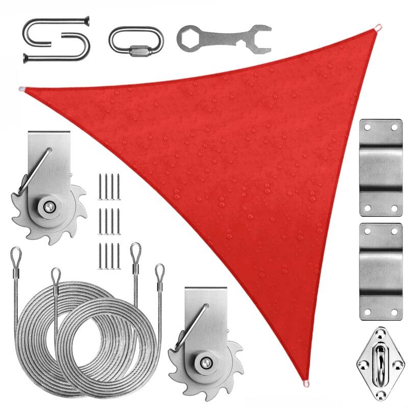 ColourTreeUSA Waterproof Triangle Sun Shade Sail 220 GSM HDPE with Winch Hardware Installation Kit - 16' x 16' x 16' - Red