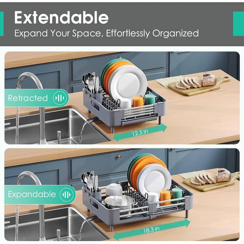 Dish Drying Rack for Kitchen Counter, Extendable Dish Rack with Drainboard