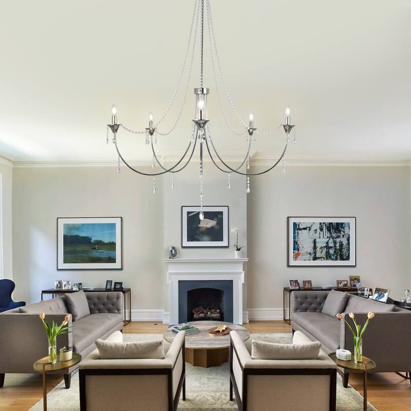CurveCurio Elegant 42" Chrome Chandelier with Crystal Beads and Five Lights for Sophisticated Dining Rooms and Kitchens
