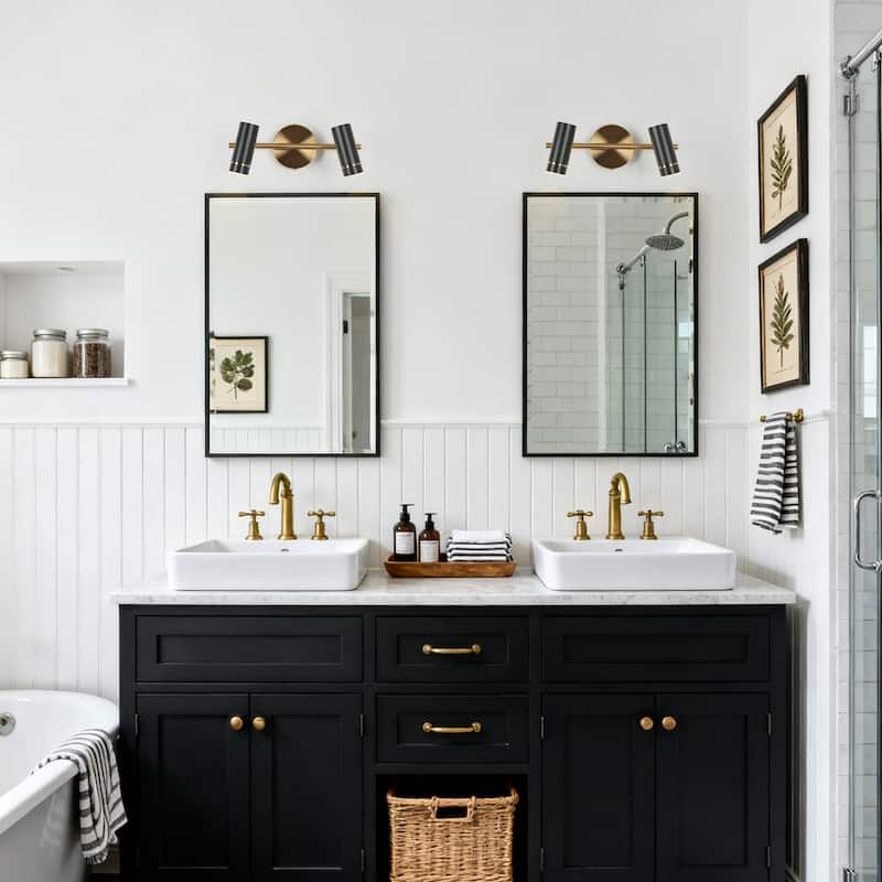 Modern Black Gold 2-Light LED Bathroom Vanity Light with Cylinder Shades - 16" L x 7.5" W x 6.5" H