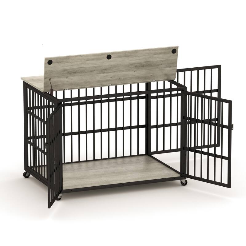 Decorative Pet House, Dog Crate Furniture with Iron Frame Door and wheels